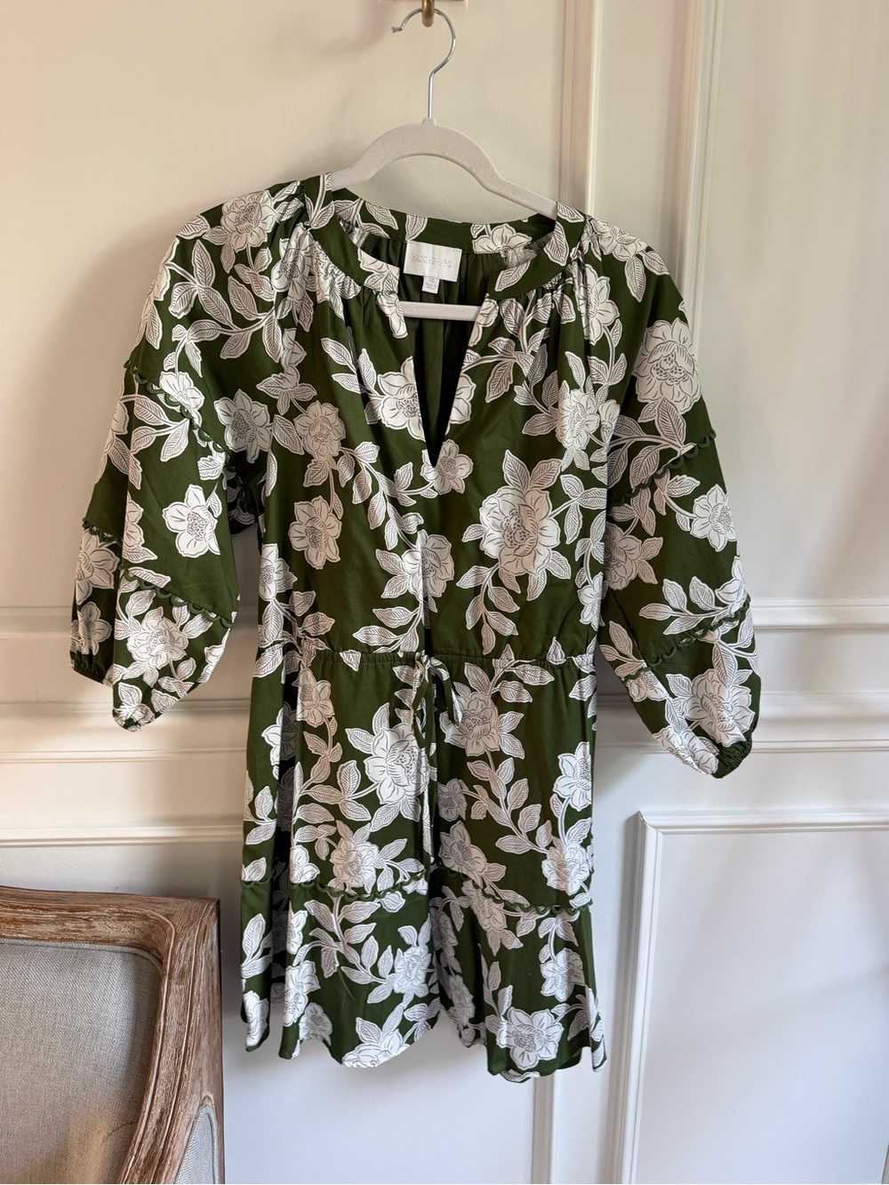 Sugarlips Olive Green & White Floral Tie-Waist Mini Dress